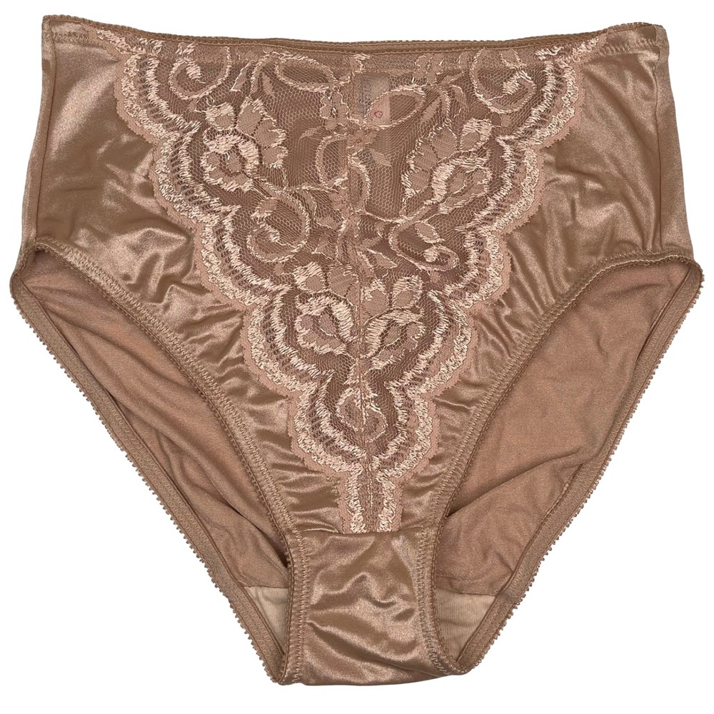 Vintage Victoria's Secret Panty Briefs Women M Tan Lace Front Hi Cut Satin